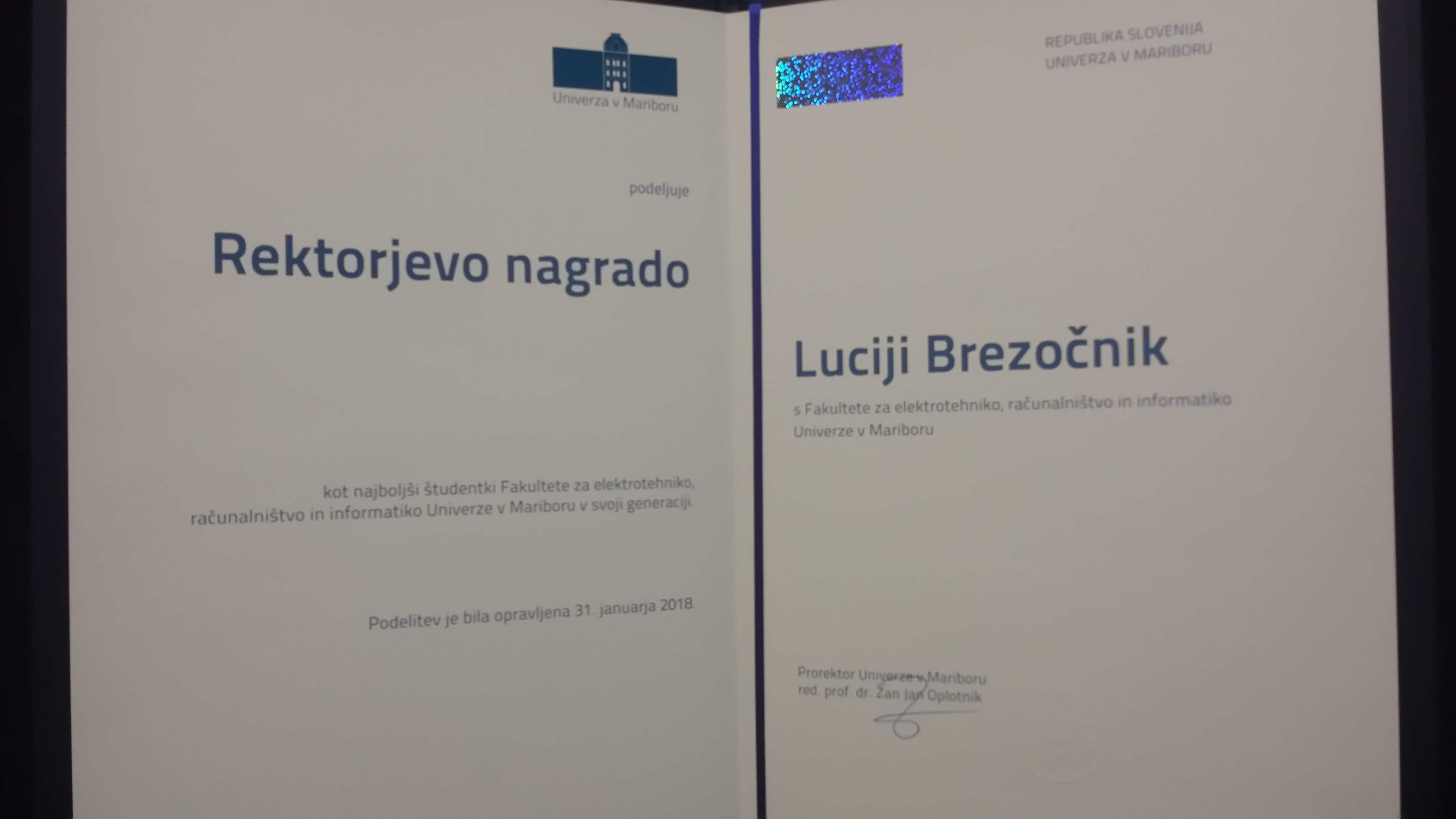 Lucija Brezočnik prejela Rektorjevo nagrado