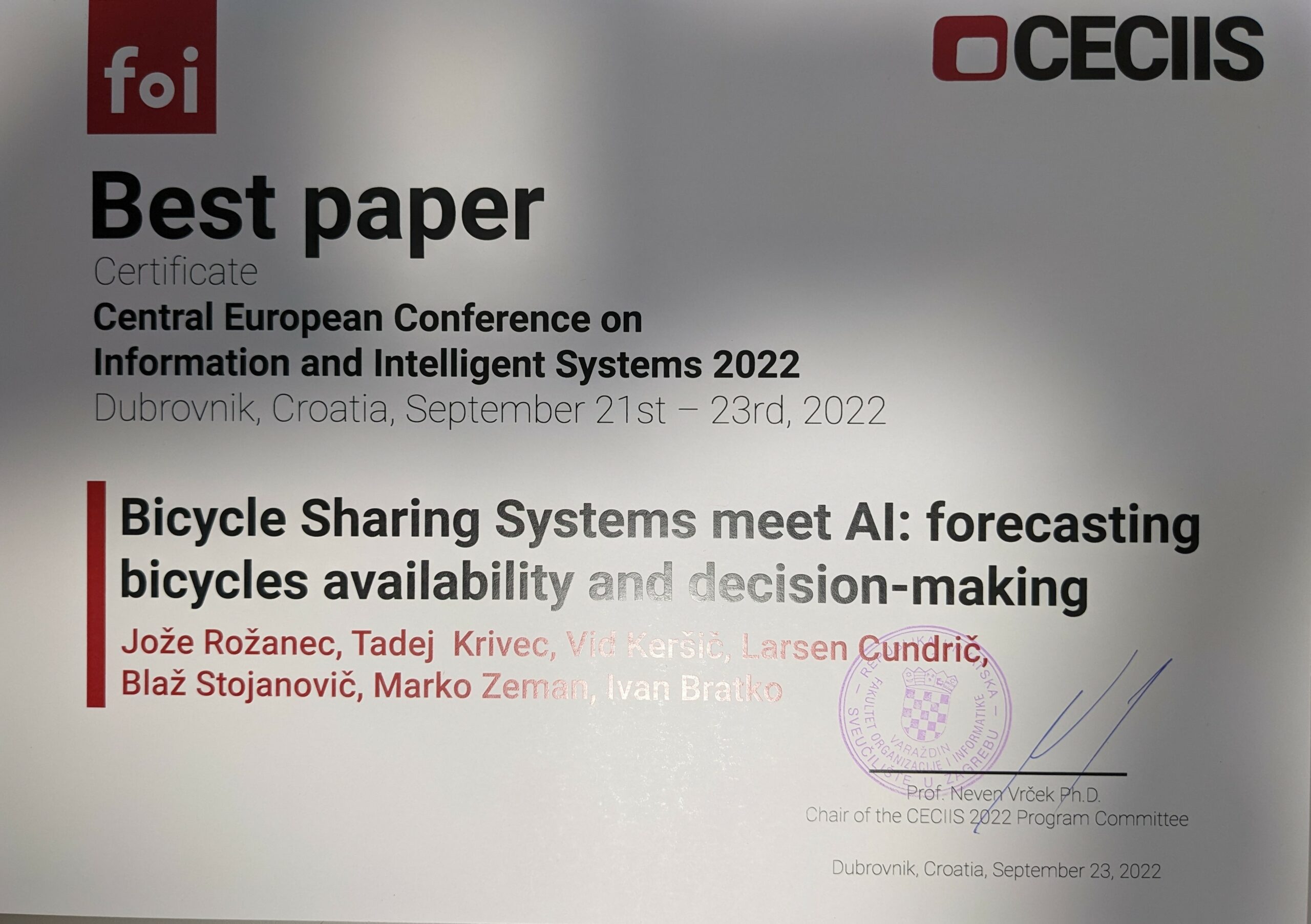 Nagrada za najboljši članek – CECIIS 2022