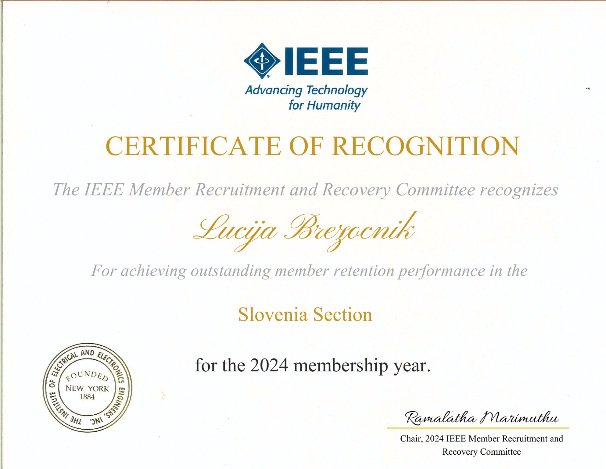 Lucija Brezočnik, že drugo leto zapored prejemnica priznanja IEEE