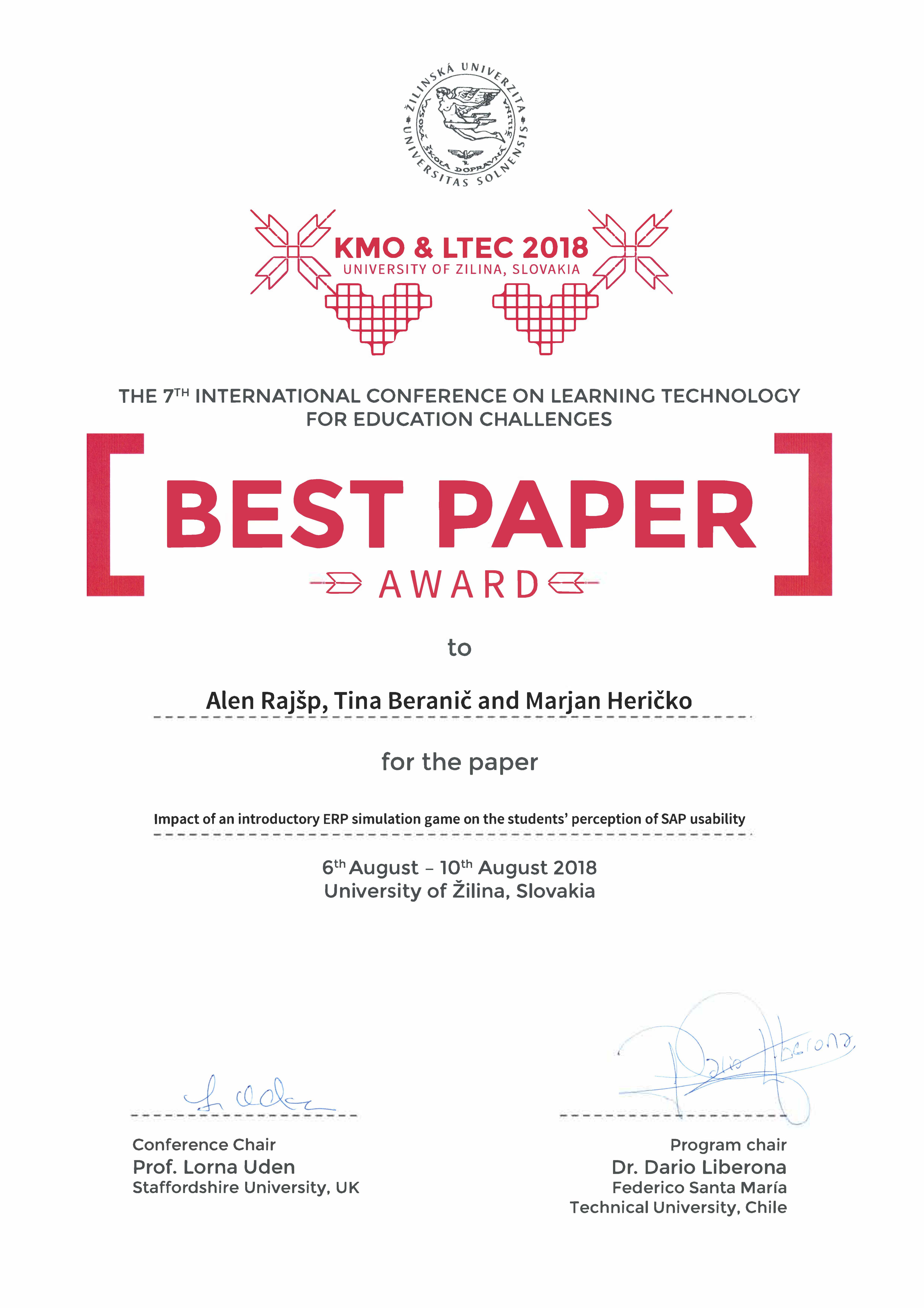 Priznanje za najboljši članek na konferenci LTEC 2018