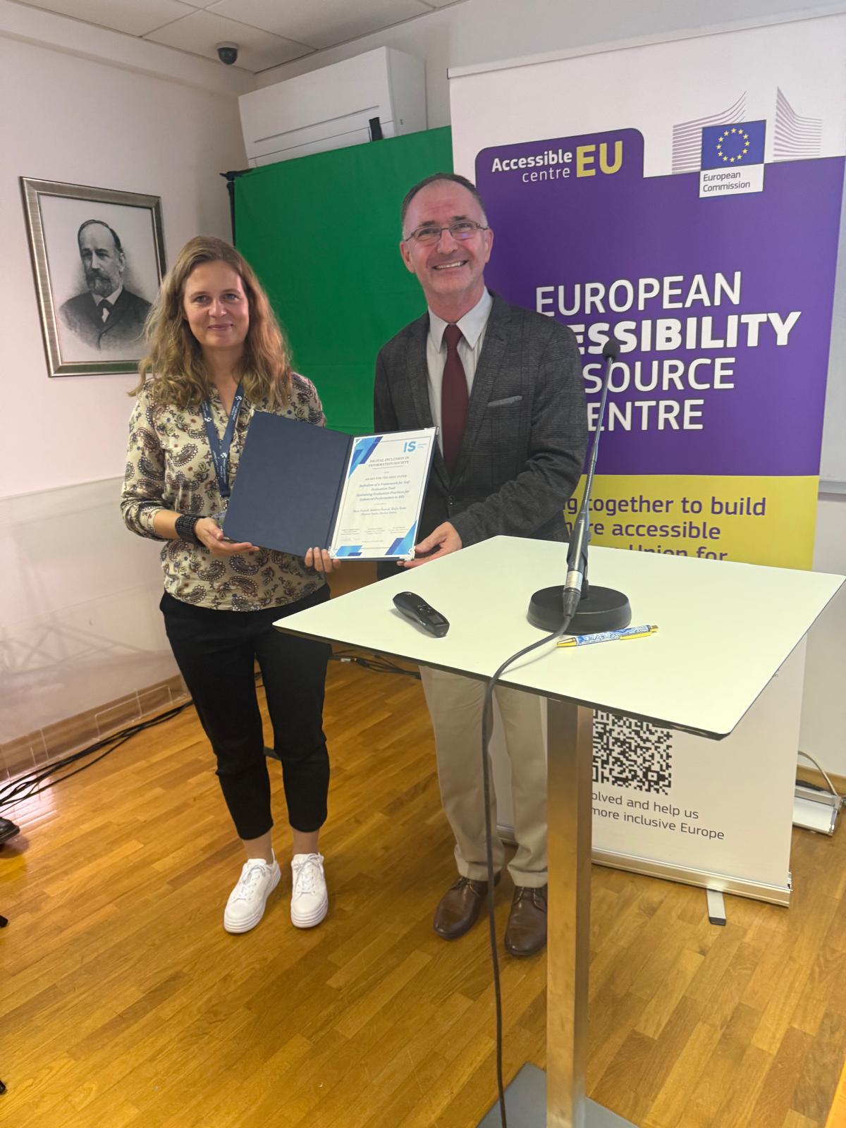 Nagrada za najboljši prispevek ob uspešnem zaključku projekta Erasmus+ SET4Inclusion.
